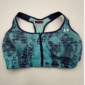 Under Armour HeatGear Front Zip Sports Bra Teal Navy Abstract Print 34DD Womens